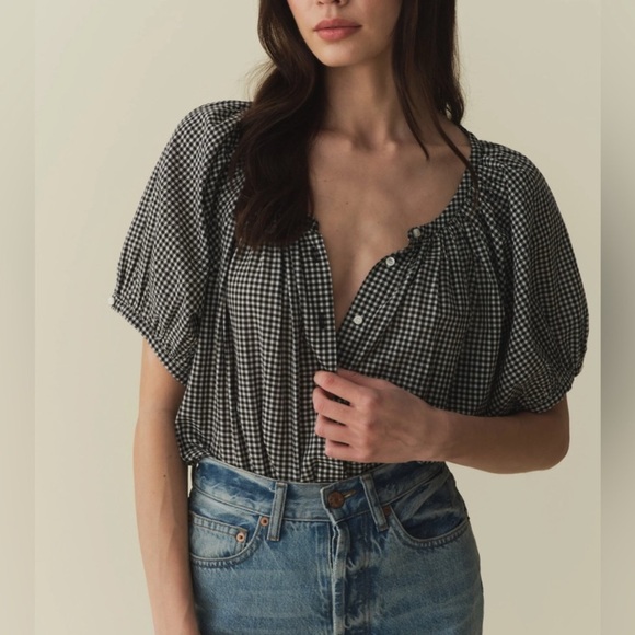 Doen June Top Blouse La Maddalena Gingham Black White Size Small - Picture 2 of 7